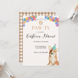 Invitación de cumpleaños Corgi Paw-ty