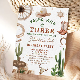 Invitación de cumpleaños Cowboy Young Wild & Three