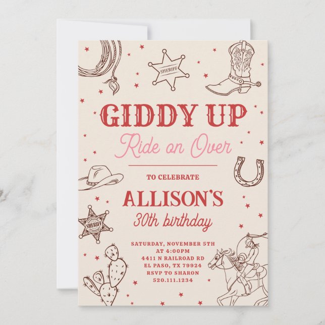 Invitación de cumpleaños Cowgirl Giddy Up (Anverso)