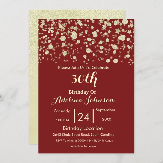Invitación de cumpleaños| Creamy Elegant Royal Red (Anverso / Reverso)