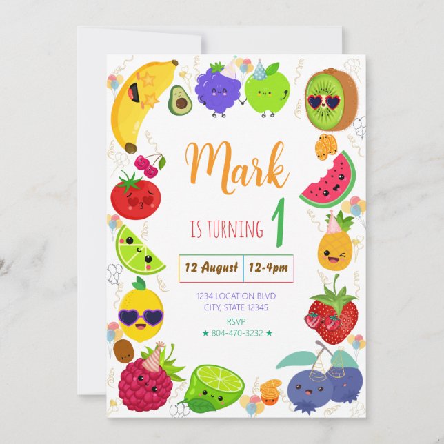Invitación de cumpleaños Cuit Fruit (Anverso)