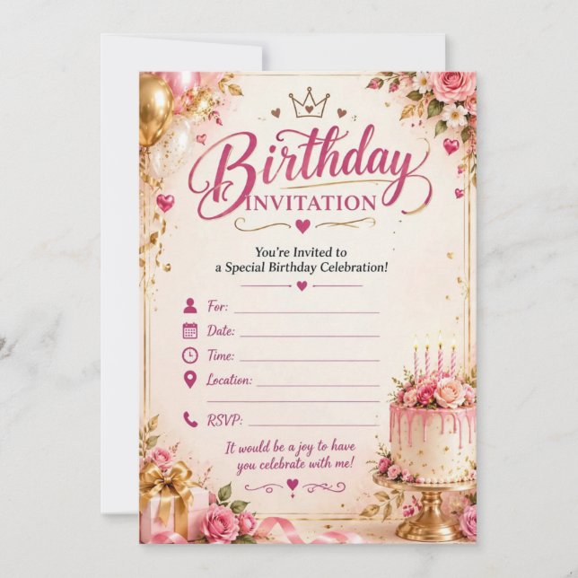 Invitación de cumpleaños - Cumpleaños floral rosa  (Anverso)