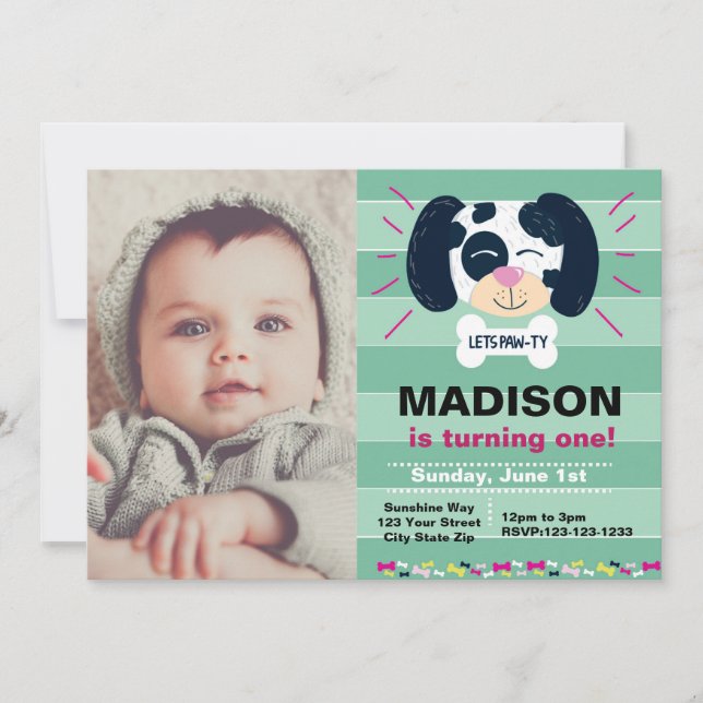 Invitación de cumpleaños dálmata a rayas con foto (Anverso)