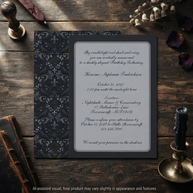 Invitación de cumpleaños Dark Midnight Gothic Rave (Victorian raven invitation for gothic birthday celebration.)
