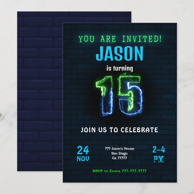 invitación de cumpleaños de 15 años para niño (Anverso / Reverso)