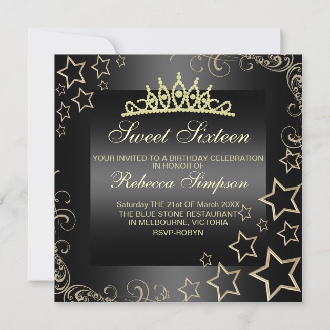 Invitación de cumpleaños de 16 estrellas y tiara G (Anverso)