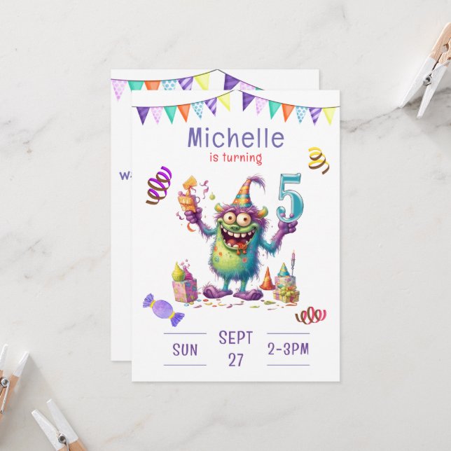 Invitación de cumpleaños de 5 años a Monster (Anverso/Reverso In Situ)
