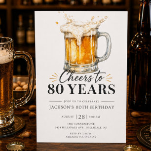 Invitación de cumpleaños de 80 años con un brindis