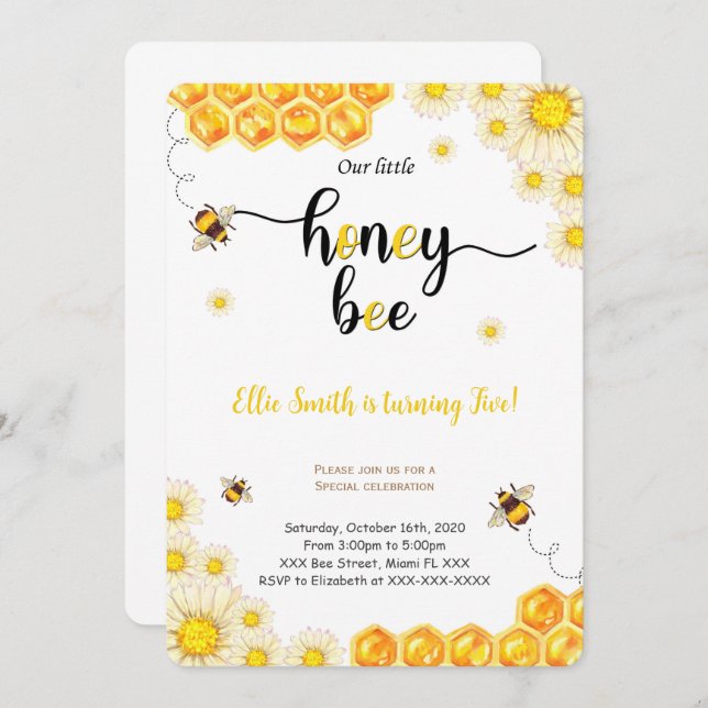 Invitación de cumpleaños de abeja (Anverso / Reverso)