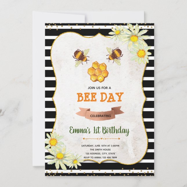 invitación de cumpleaños de abeja a fiesta de duch (Anverso)