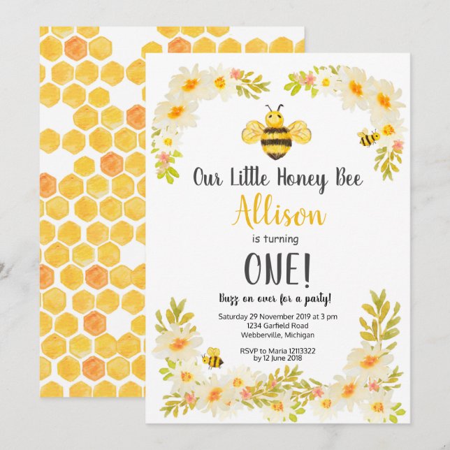 Invitación de cumpleaños de Abeja floral (Anverso / Reverso)