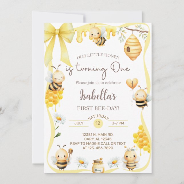 Invitación de cumpleaños de abeja niña 1er cumplea (Anverso)