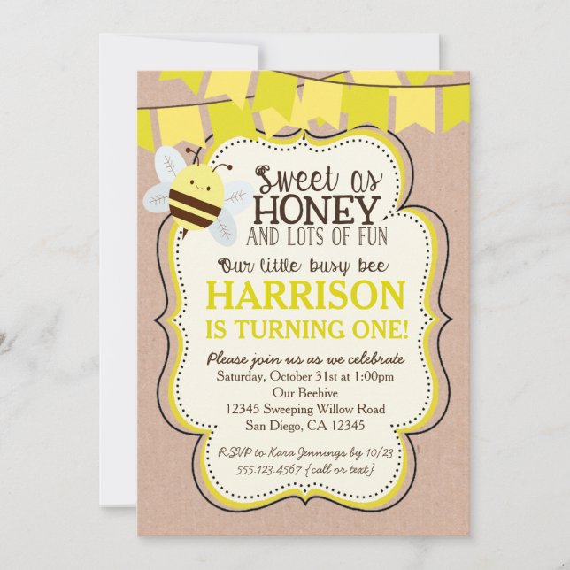 Invitación de cumpleaños de abeja ocupada para niñ (Anverso)