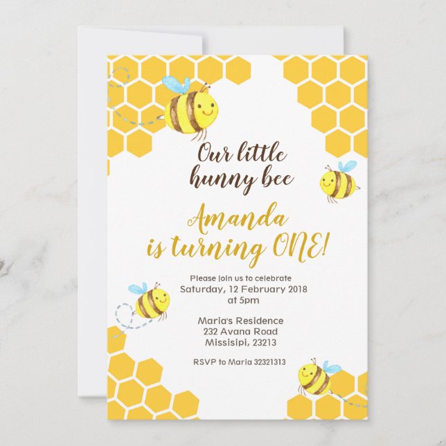 Invitación de cumpleaños de abeja para niño o chic (Anverso)