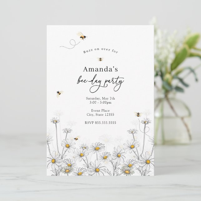 Invitación de cumpleaños de abejas y daisies (Anverso de pie)
