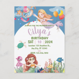 Invitación de cumpleaños de acuarela de sirena lin