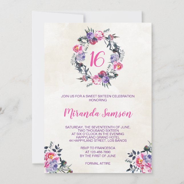 Invitación de cumpleaños de acuarela floral acuare (Anverso)