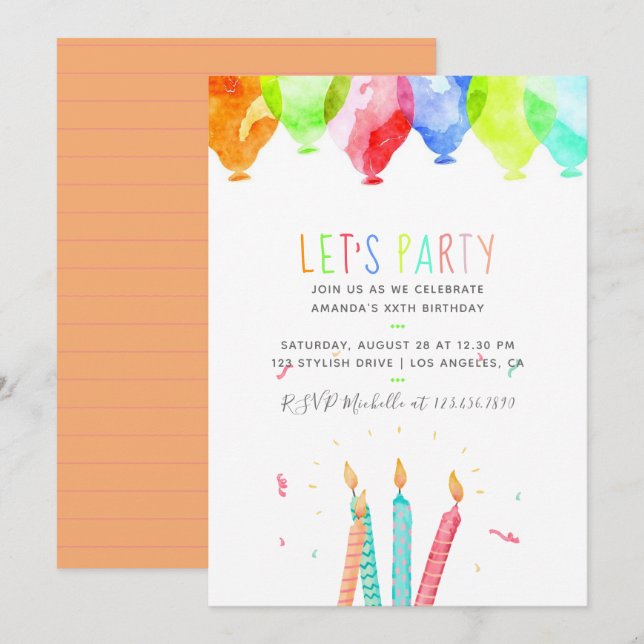 Invitación de cumpleaños de acuarela moderna para  (Anverso / Reverso)