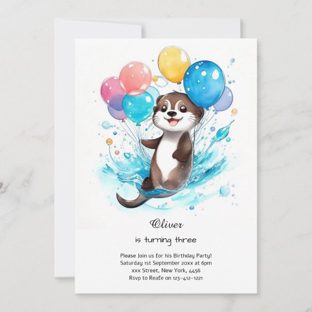 Invitación de cumpleaños de acuarela Otter (Anverso)