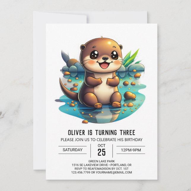 Invitación de cumpleaños de acuarela Otter (Anverso)