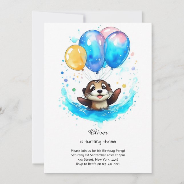 Invitación de cumpleaños de acuarela Otter (Anverso)