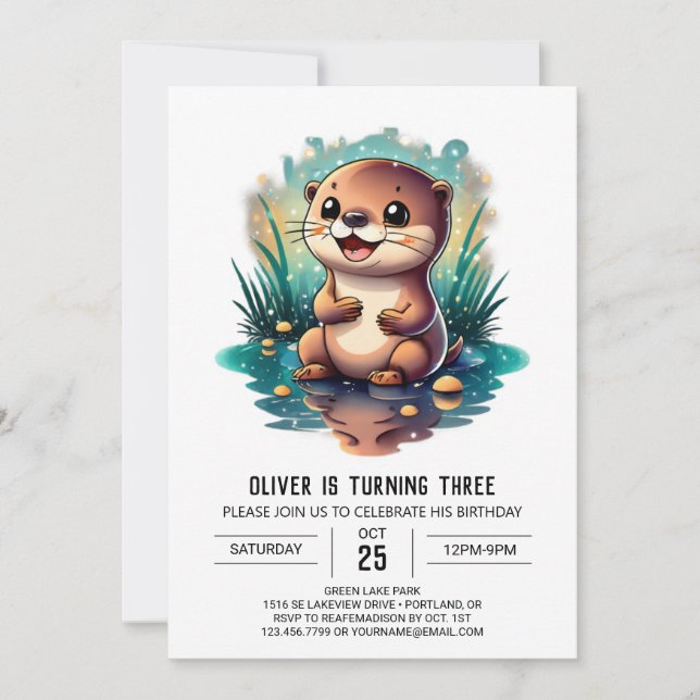 Invitación de cumpleaños de acuarela Otter Fantasy (Anverso)
