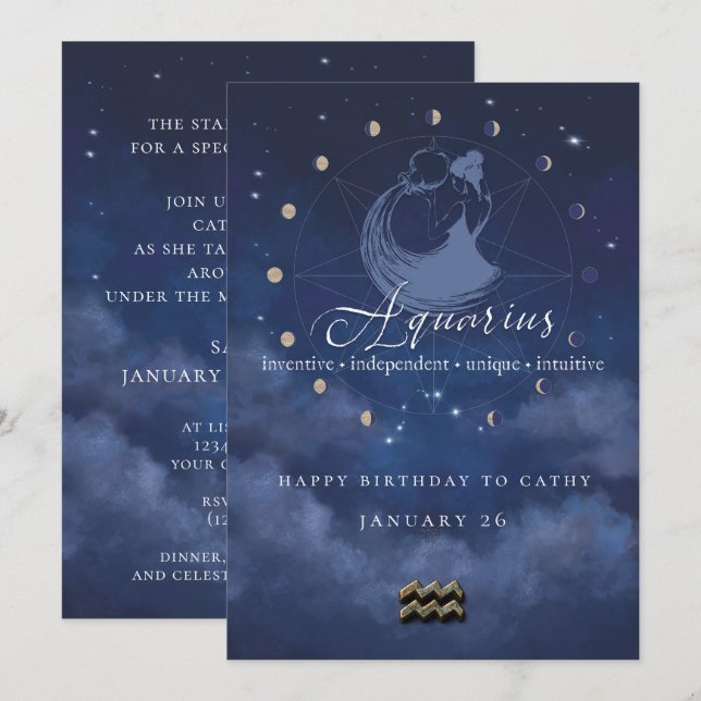 Invitación de cumpleaños de Acuario del Zodiaco (Anverso / Reverso)