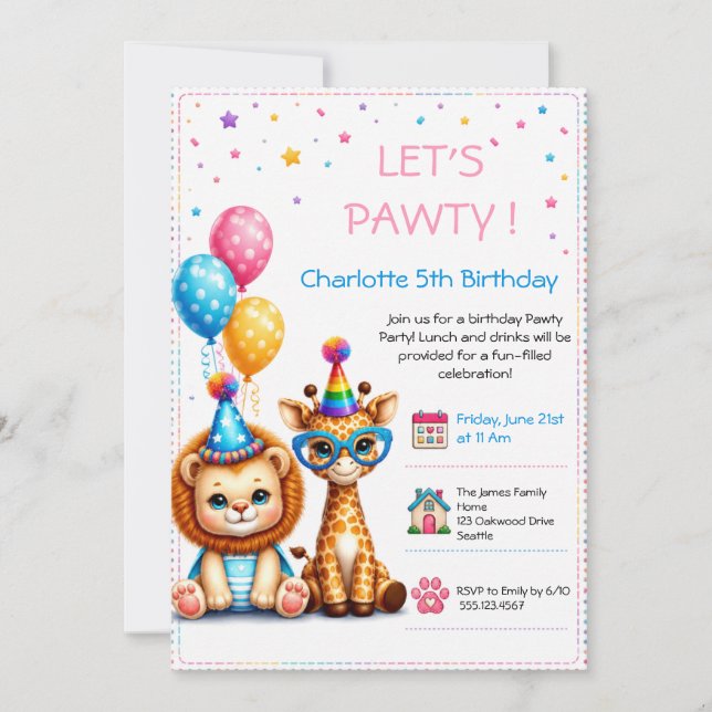 Invitación de cumpleaños de adorable bebé león y j (Anverso)