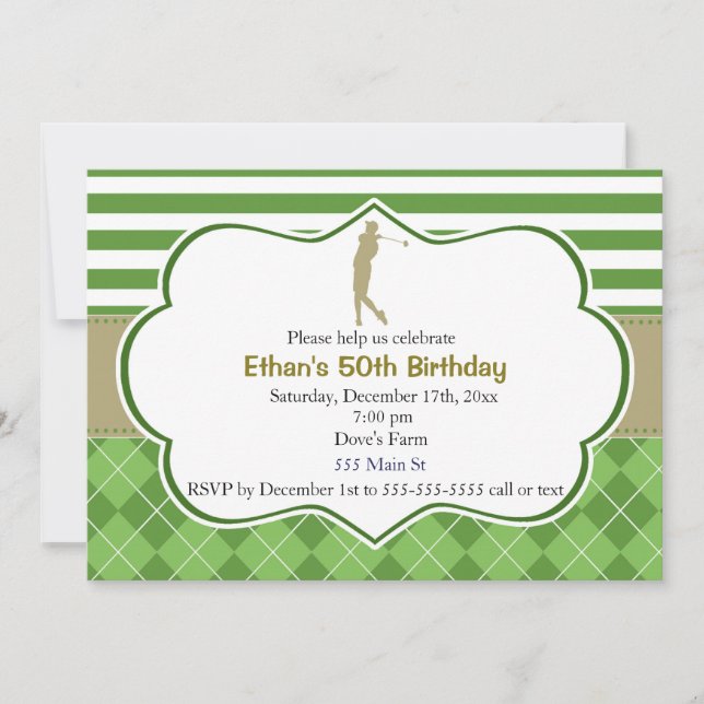 Invitación de cumpleaños de adulto golf verde oro (Anverso)
