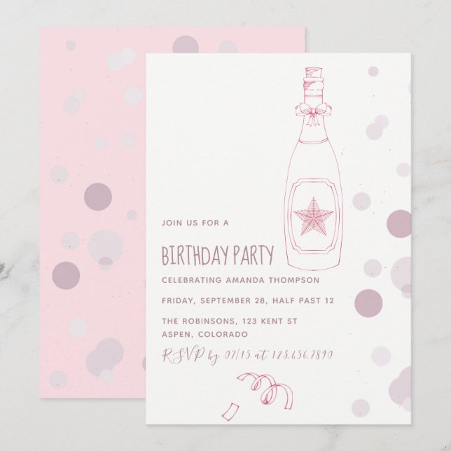 Invitación de cumpleaños de adultos con champán ro (Anverso / Reverso)