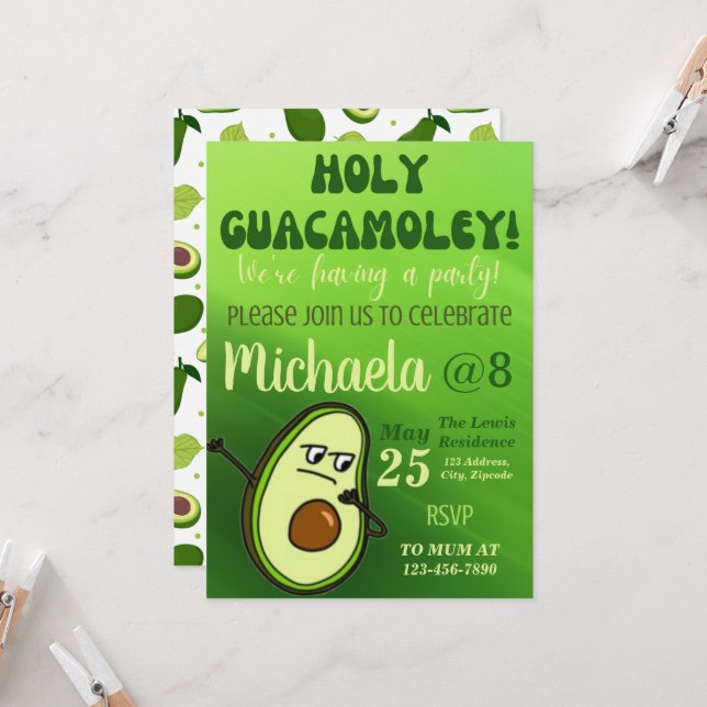 Invitación de cumpleaños de aguacate editable (Anverso/Reverso In Situ)