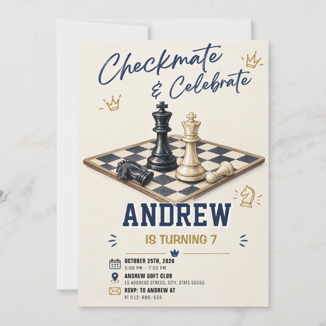 Invitación de cumpleaños de ajedrez personalizada (Anverso)