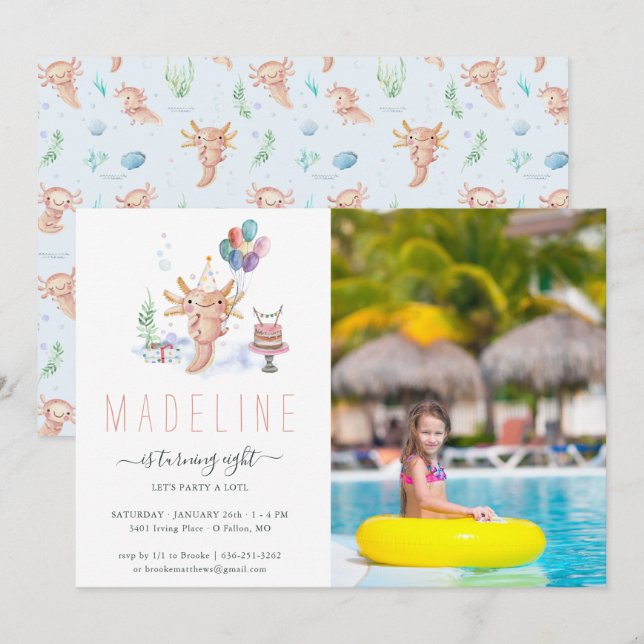 Invitación de Cumpleaños de Ajolote con Acuarela A (Anverso / Reverso)