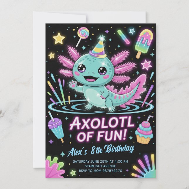 Invitación de cumpleaños de ajolote lindo (Anverso)