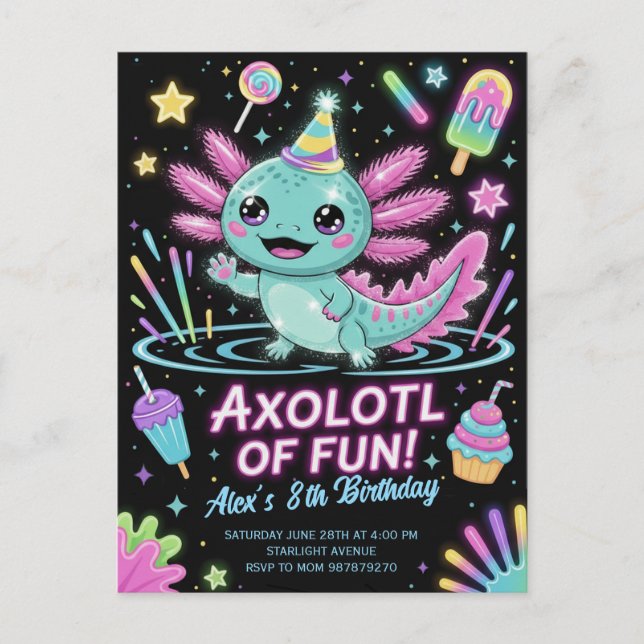 Invitación de cumpleaños de ajolote lindo (Anverso)