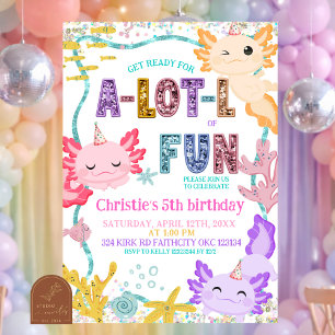 Invitación de cumpleaños de ajolote niña con brill