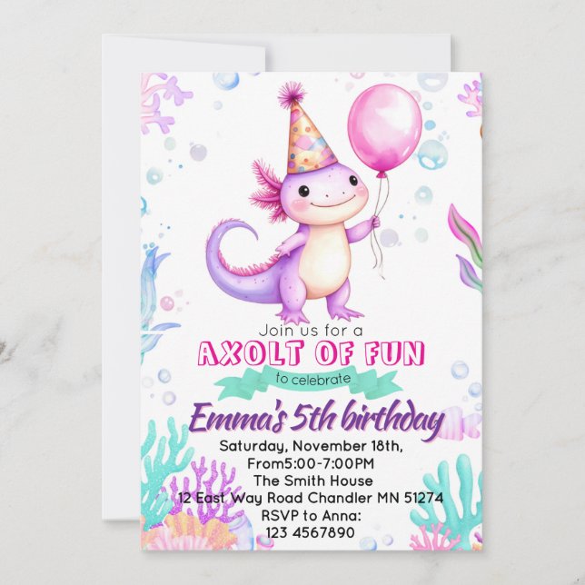 Invitación de cumpleaños de ajolote rosa lindo (Anverso)