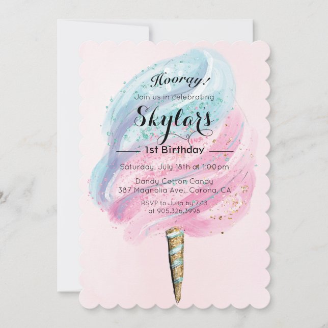Invitación de cumpleaños de algodón de azúcar para (Anverso)