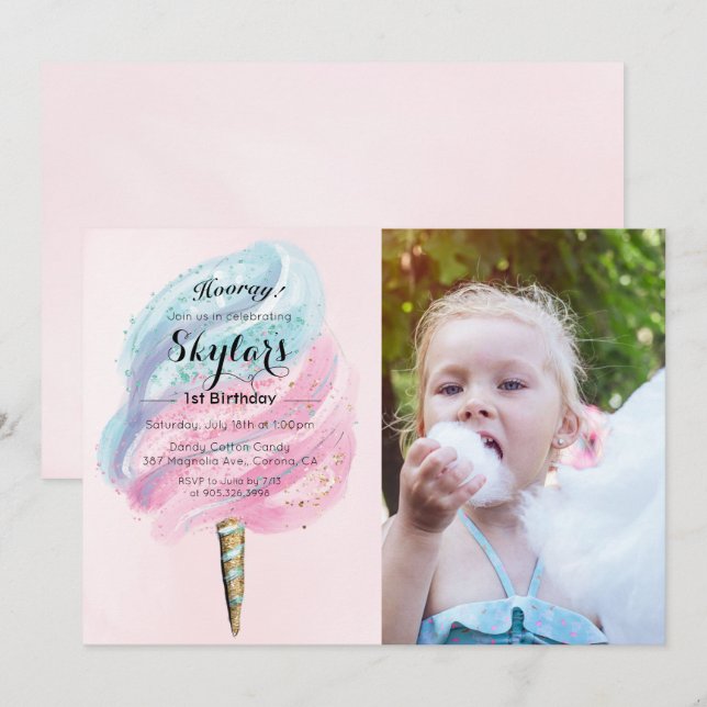 Invitación de cumpleaños de algodón de azúcar para (Anverso / Reverso)