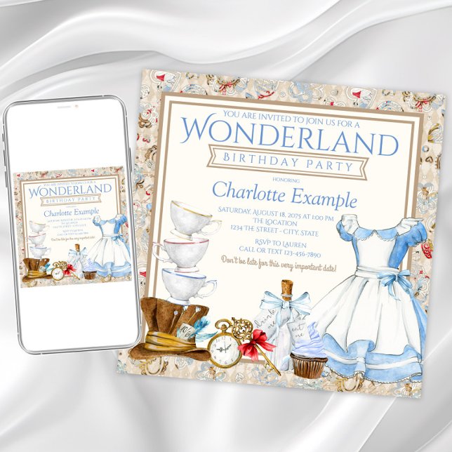 Invitación de cumpleaños de Alicia en el país de l (Pretty watercolor Alice in Wonderland any event invitation. All text can be changed as needed.)