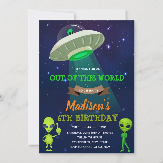 Invitación de cumpleaños de Alien OUT OF This WORL (Anverso)