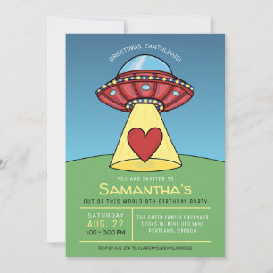 Invitación de cumpleaños de alienígena OVNI rojo