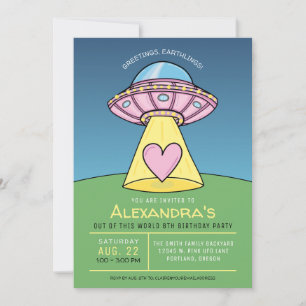 Invitación de cumpleaños de alienígena OVNI rosa