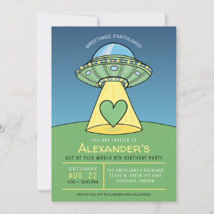 Invitación de cumpleaños de alienígena OVNI verde