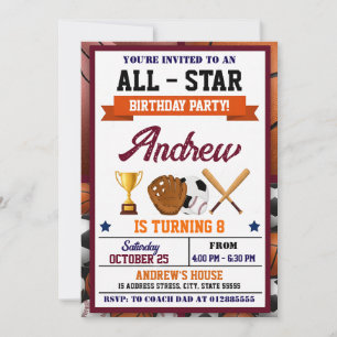 Invitación de cumpleaños de All Star Sports