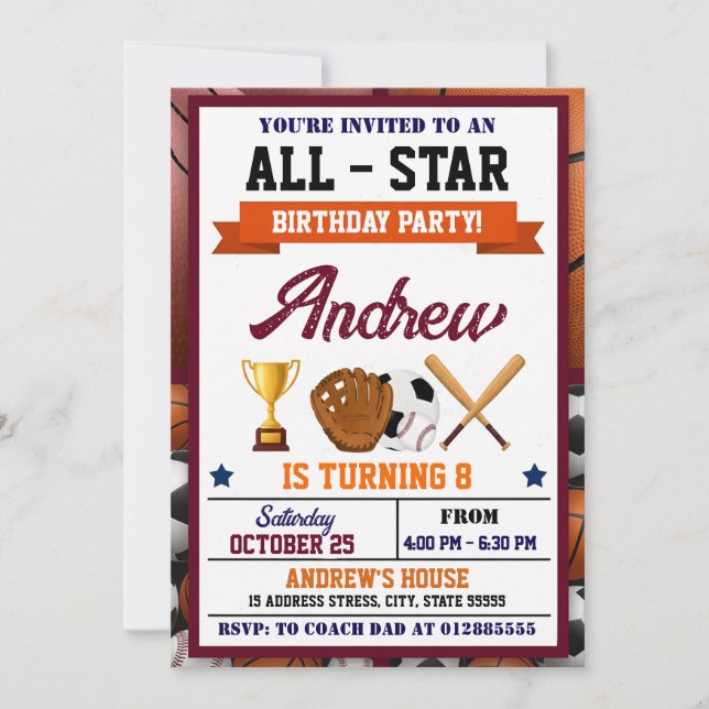 Invitación de cumpleaños de All Star Sports (Anverso)