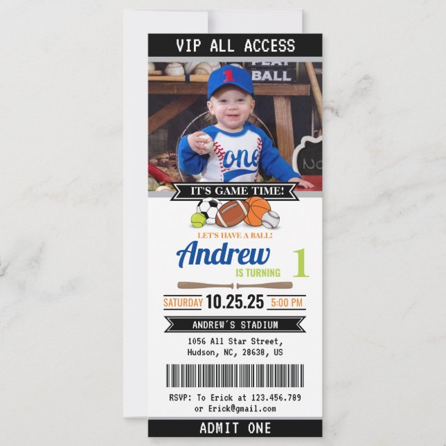 Invitación de cumpleaños de All Star Sports Ticket (Anverso)