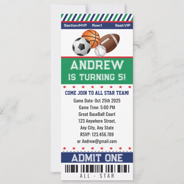 Invitación de cumpleaños de All Stars Sports Ticke (Anverso)