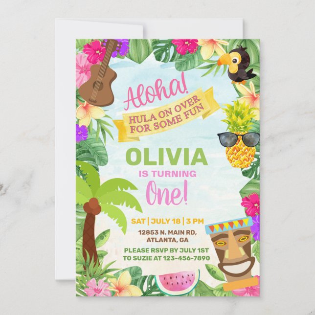 Invitación de cumpleaños de Aloha hawaian tropical (Anverso)