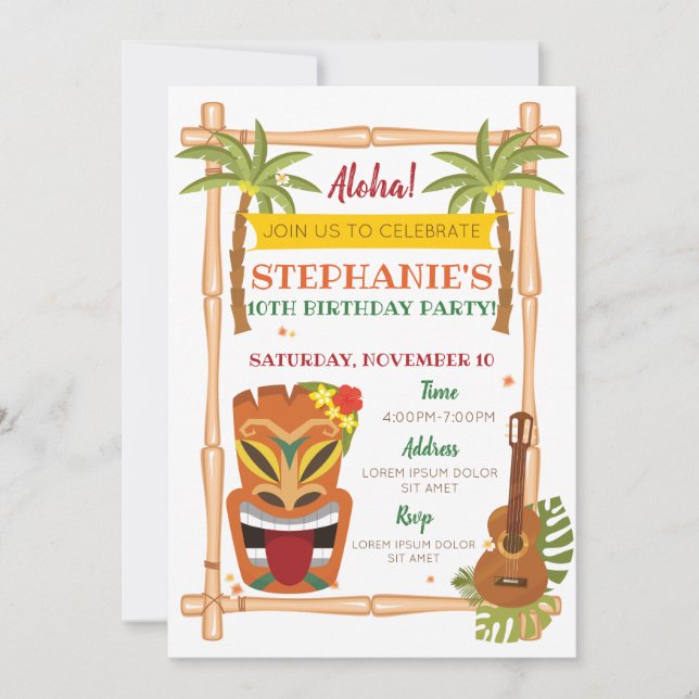 Invitación de cumpleaños de Aloha Luau (Anverso)